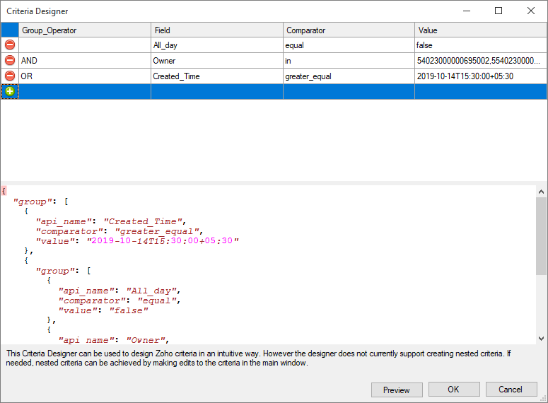 SSIS Zoho CRM Source Component - Criteria Designer